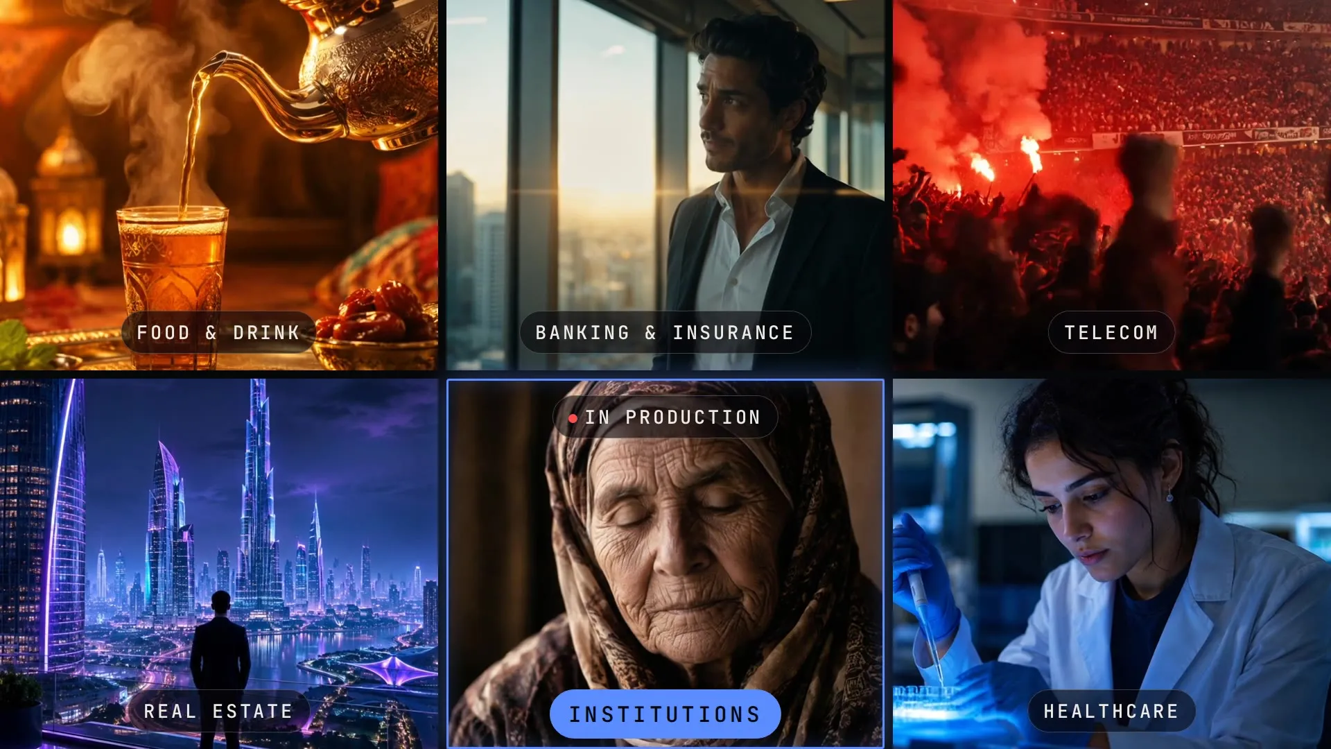 Mosaic of CTRL AI productions for six sectors: food, banking, telecom, real estate, institutions, healthcare